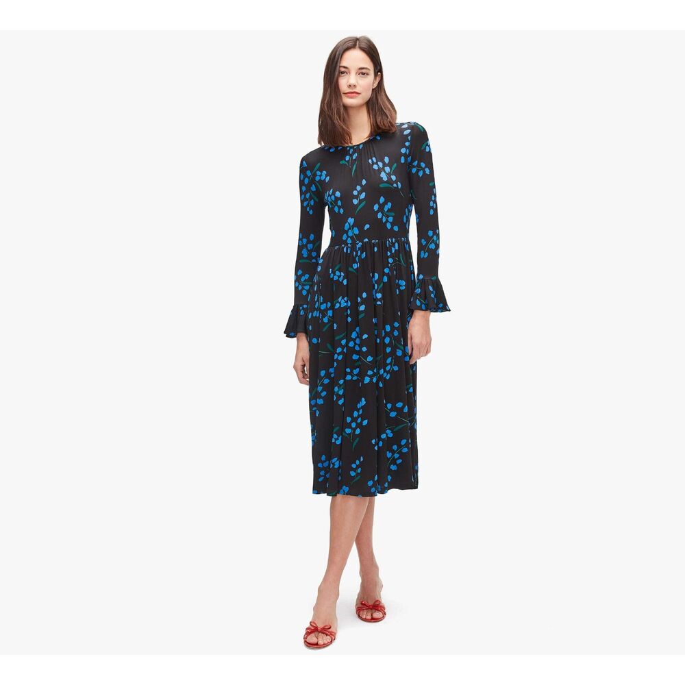 Kate Spade Sea Breeze Floral Midi Dress Flutter Sleeve Black & Blue Womens Sz 00